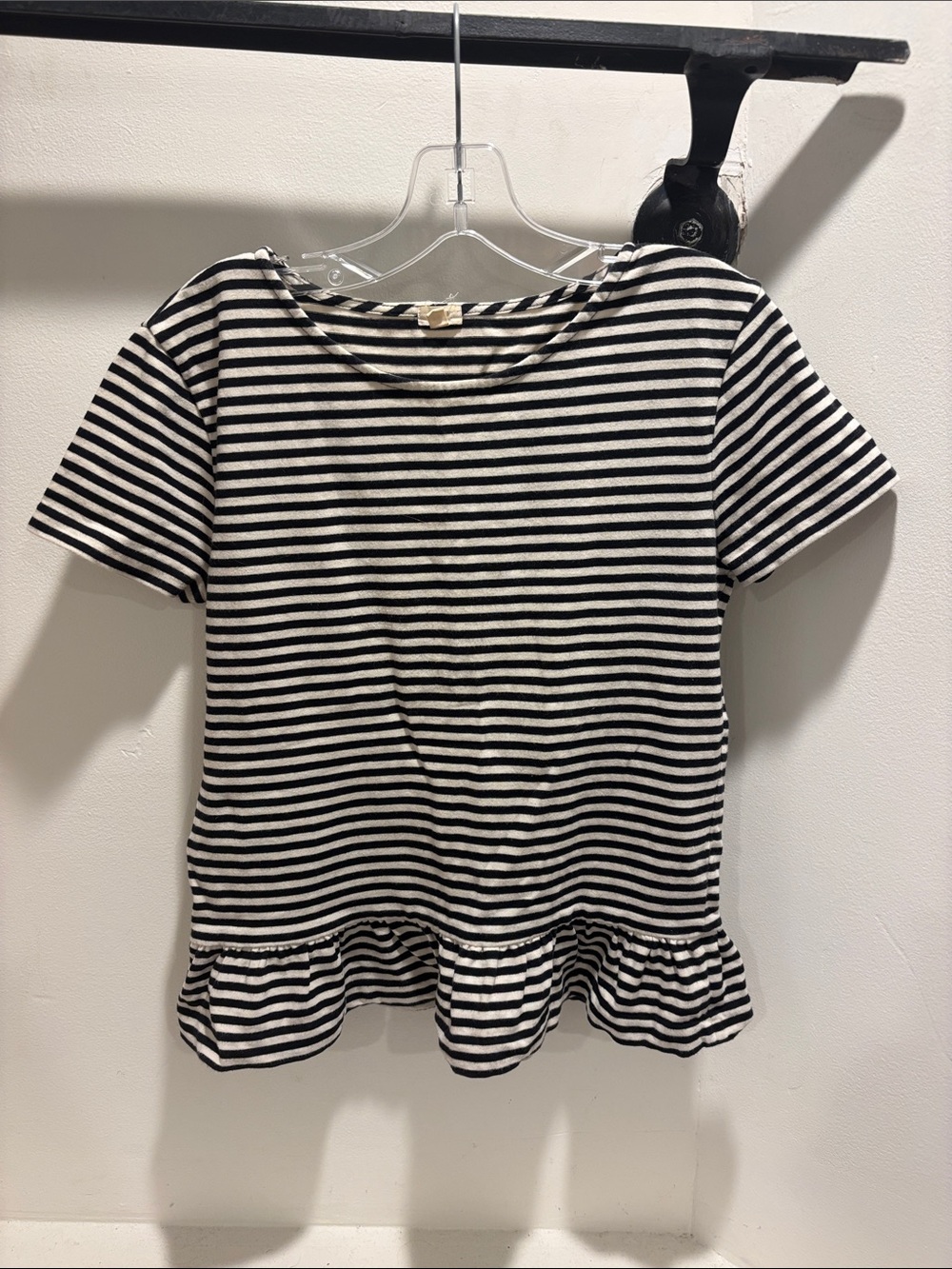 J. Crew Black and White Striped Short Sleeve Peplum Tee